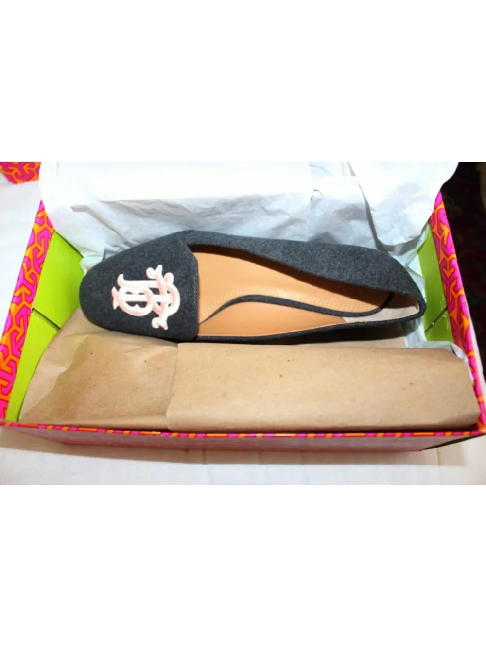 NEW Tory Burch Antonia Monogram Loafer Flats - Grey + Pink, size 8.5 - $298